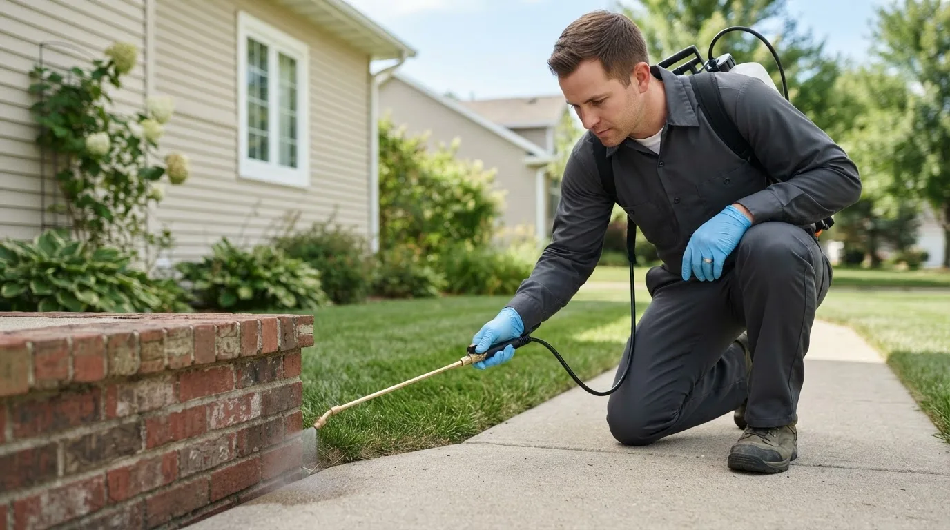 Pest control technician treating a home near Mackinaw City, MI