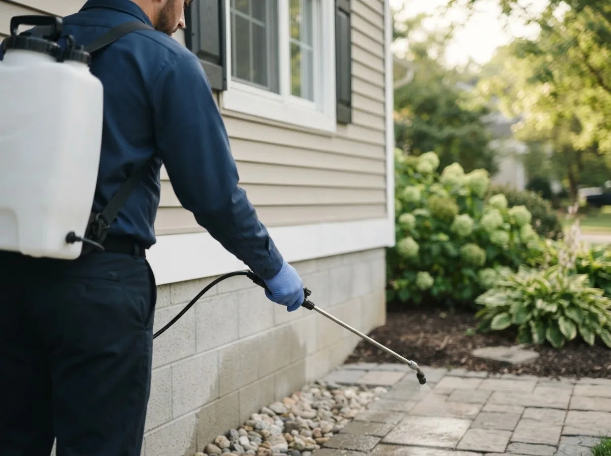 Pest control technician inspecting a home in Mackinaw City, MI